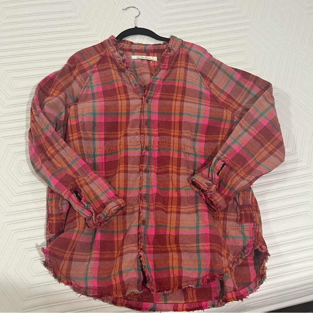 Free People Plaid Button-Up Top in Pink and Orange